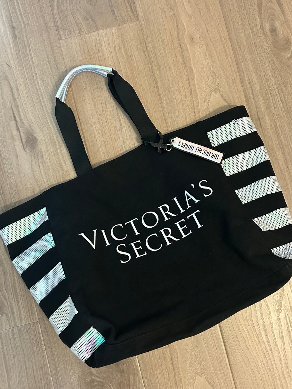 NWOT Victoria Secret Sequin Striped/Black Canvas Angels Tote Bag